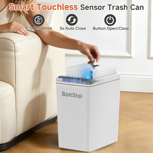 Solar Automatic Trash Can: 2 Pack 2.6 Gallon & 4 Gallon Motion Sensor Garbage Can, No Charging Required, Slim Smart Touchless Trash Bin with Lid for Bedroom, Living Room, Bathroom, Office, RV, White - size: 2.6 gallons + 4 gallons