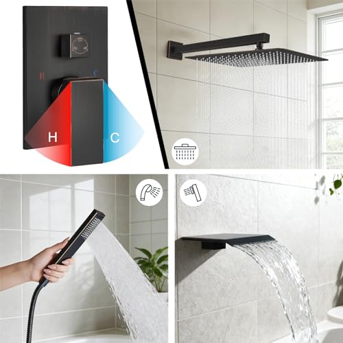 Midanya Shower System with Tub Spout,Bathtub Shower Faucet Set with Square Rainfall Head and Handheld Sprayer Wall Mount Tub Faucet Set with Valve and Trim Kit,16 Inch Oil Rubbed Bronze - color: Oil Rubbed Bronze, size: 16 Inch