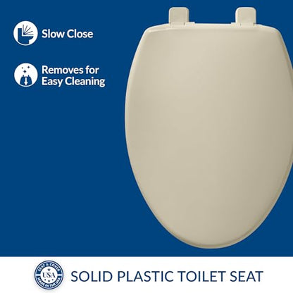 Bemis 7300SLEC Slow Close Toilet Seat, Easy Clean Hinges and Durable Plastic Seat, Made in USA, Elongated, Bone - color: Bone, size: Elongated