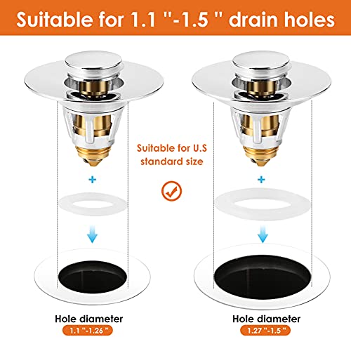 Universal Bathroom Sink Stopper, Basin Pop-up Bathroom Sink Drain Strainer, Bathroom Drain Stopper with Stainless Steel Hair Catcher for 1.1-1.5 Inch Drain(1 PCS, Silver) - color: Chrome Silver