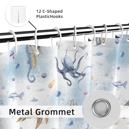 Yeele Ocean Creatures Watercolor Shower Curtain, Turtle Octopus Blue Print Shower Curtain, Waterproof Machine Washable Fabric Bath Curtain 72x72 Inch with Grommets and Hooks - color: Blue 1, size: 72"Wx72"L