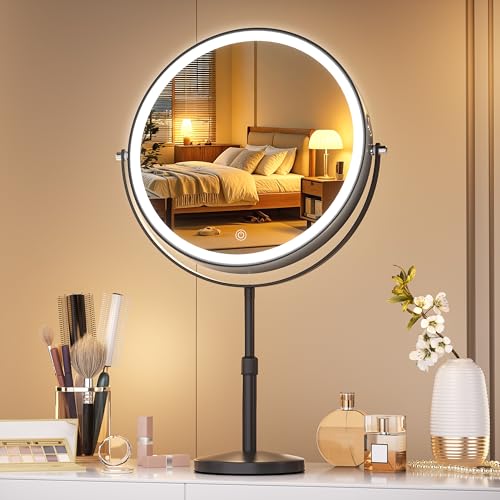 Hasipu 10-inch Lighted Makeup Mirror with Magnification, Rechargeable 3000 mAh Vanity Mirror with Lights, Desk Mirror with Dimmable Brightness, 3 Lighting Modes, Height Adjustment, Black