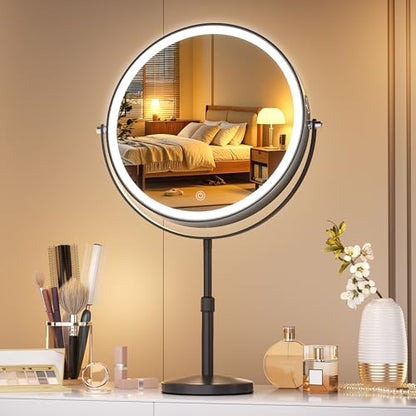 Hasipu 10-inch Lighted Makeup Mirror with Magnification, Rechargeable 3000 mAh Vanity Mirror with Lights, Desk Mirror with Dimmable Brightness, 3 Lighting Modes, Height Adjustment, Black