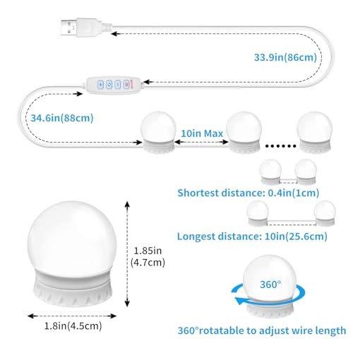 LED Vanity Mirror Lights with 12 Stick On Dimmable Bulbs, 3000K 4500K 6500K & 10 Brightness Levels Adjustable, Plug in USB Cable, Hollywood Style Mirror Lights for Makeup Desk Bathroom Dressing Room - size: 12 Bulbs