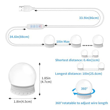LED Vanity Mirror Lights with 14 Dimmable Bulbs, 3000K 4500K 6500K & 10 Brightness Levels Adjustable, Plug in USB Cable, Hollywood Style Stick On Mirror Lights for Makeup Desk Bathroom Dressing Room - size: 14 Bulbs