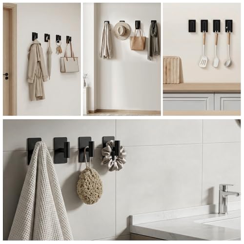 NearMoon Adhesive Hooks - Premium Stainless Steel Shower Holder Wall Hooks Heavy Duty Robe Towel Hangers Stick on Wall for Bathroom Kitchen (Matte Black) - color: Matte Black