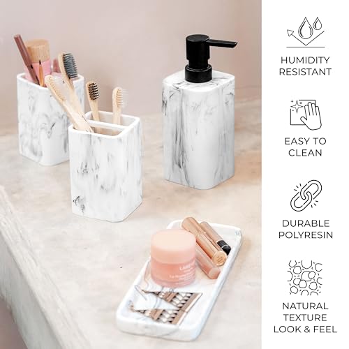 Bathroom Accessory Sets, 4 Pieces Bathroom Accessories Complete Set Vanity Countertop Accessory Set with Marble Look, Includes Lotion Dispenser, Toothbrush Holder and Tray (White Marble Look) - color: White Marble Look
