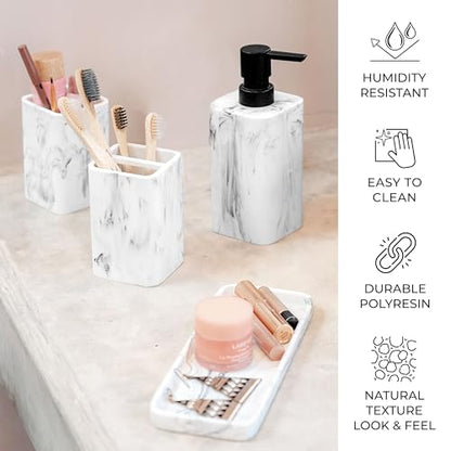 Bathroom Accessory Sets, 4 Pieces Bathroom Accessories Complete Set Vanity Countertop Accessory Set with Marble Look, Includes Lotion Dispenser, Toothbrush Holder and Tray (White Marble Look) - color: White Marble Look