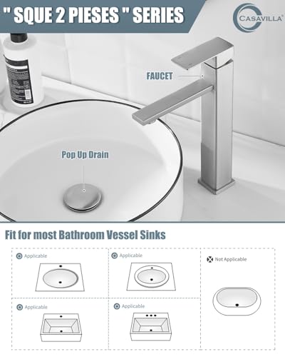 Bathroom Faucets, Brushed Bathroom Sink Faucet Set with Pop Up Drain, Single Hole Single Handle High Barrel Sink Vanity Faucet, Stainless Steel Lead-Free - color: 2.Brushed Sealing Glaze, style: Tall