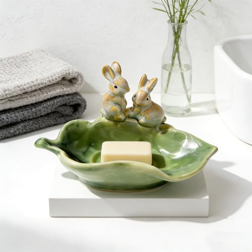 Ceramic Rabbit Soap Dish, Decorative Bunny Candy Dish | Cute Soap Dish, Tray for Bathroom Counter & Shower,Bathroom Accessories
