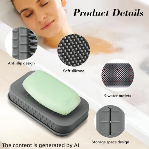 Soap Holder & Brush Set with Built-in Soap Saver Compartment | Silicone Matrial, Includes a Leak-Proof Soap Tray+Brush, Unbreakable&Noise-Free, Soft Brush with Soap Dish- (Dark Grey)