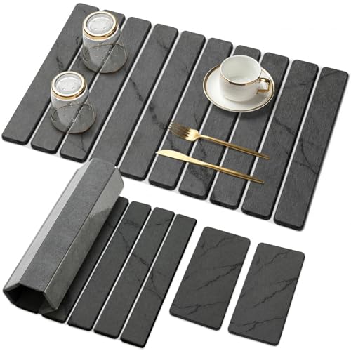 3 Large Stone Drying Mat for Kitchen Counter Black Quick Dry Stone Dish Mat | Diatomaceous Earth Dish Drying Pad for Kitchen Sink Foldable Diatomite Absorbent Tray Countertop Dishes Drainer Mats - color: Gray Marble