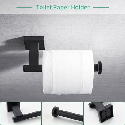 Miyili Matte Black 5-Piece Bathroom Hardware Kit Set Stainless Steel Wall Mount - Includes Double Towel Bar, Hand Towel Rack, Toilet Paper Holder, 2X Robe Hook, BS02B5 - color: Matte Black