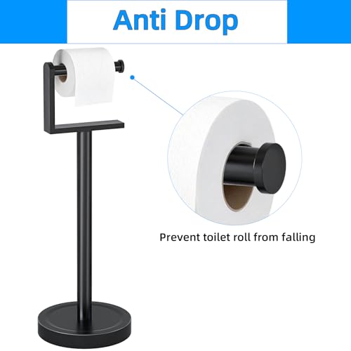 Heavy Duty Toilet Paper Holder Stand, Stable Weighted Base Toilet Paper Holder Free Standing, Stainless Steel Bathroom Free Standing Toilet Paper Roll Holder, Matte Black Tissue Rack - color: Black