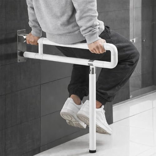 23.6" Flip-Up Toilet Grab Bar with Support Leg, Stainless Steel Bathroom Safety Rail for Elderly & Disabled, Folding Handicap Grab Bar Wall Mounted Assist Handle for Toilet, Shower & Bathtub