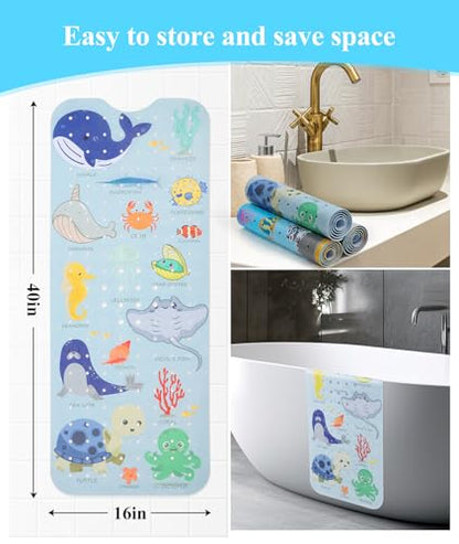 Secopad Bathtub Mat Non Slip, Cute Tub Mat, 40" x 16", Blue Sea Animals | Rectangular, Anti-Slip, Machine Washable, with Drain Holes and Suction Cups,For Bathtub and Shower Floor, for Toddler & Kids - color: Blue Sea Animals