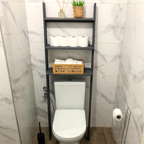 Over The Toilet Bathroom Organizer Shelves, 3-Tier Freestanding Above Toilet Storage Ladder Shelf, Standing Space Saver Behind Toilet Small Bathroom Organizer (Grey) - color: Grey