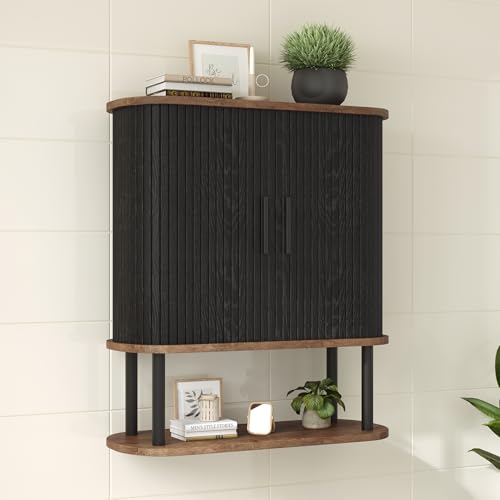 Fluted Bathroom Wall Cabinet, Wall Mounted Medicine Cabinet with Sliding Tambour Door & Adjustable Shelf, 3-Tier Over the Toilet Storage Cabinet for Laundry Room, Kitchen, Black - color: Black