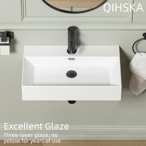 Wall Mount Rectangular Bathroom Sink, QISHKA 24"x14" Modern Ceramic Floating Vessel Sink, White Rectangle Vanity Sink with Overflow, Wall Hung Wash Hand Basin - size: 24" x 14.1" x 5.1"