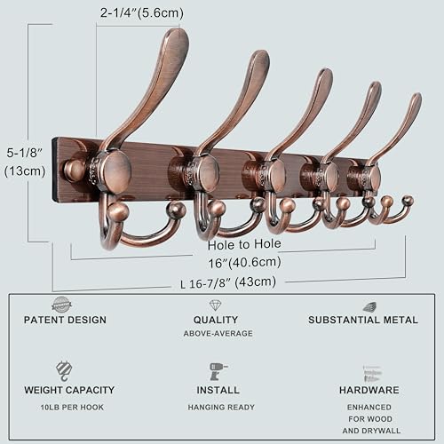 Coat Rack Wall Mount, Heavy Duty 12-Gauge Base vs Flimsy 1mm, Double-Thick Solid Anti-Snap Hooks, 16” Stud-Mount, Stainless Steel Hanger for Clothes Hat Entryway Closet Mudroom, Antique Copper - color: Antique Copper, size: L=17" (1pcs)