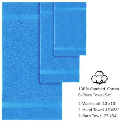Feather & Stitch 100% Cotton Bath Towel Set of 6, 625 GSM Ultra Soft Highly Absorbent 2 Bath Towels, 2 Hand Towels & 2 Washcloth - Luxury Quick Dry Shower Towels. (Deep Cyan) - color: Deep Cyan