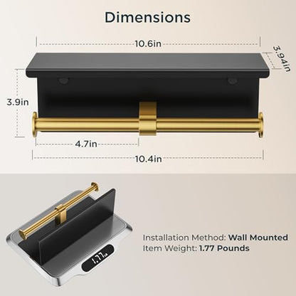 FORIOUS Toilet Paper Holder with Shelf, Commercial Toilet Paper Dispensers | Black and Gold | Wall Mount Bathroom Tissue Holder | SUS304 Stainless Steel Rustproof | Double Tissue Roll Holder - color: Matte Black & Brushed Gold