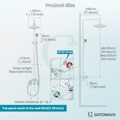 gotonovo Exposed Shower Tub Faucet Set 3 Function Wall Mount,Polish Chrome | Shower System Fixtures with Tub Spout,8” Rain Head and Handheld,360°Rotation,Adjustable Height,for 5-6.7" Hole,Outdoor/Indoor - color: Chrome