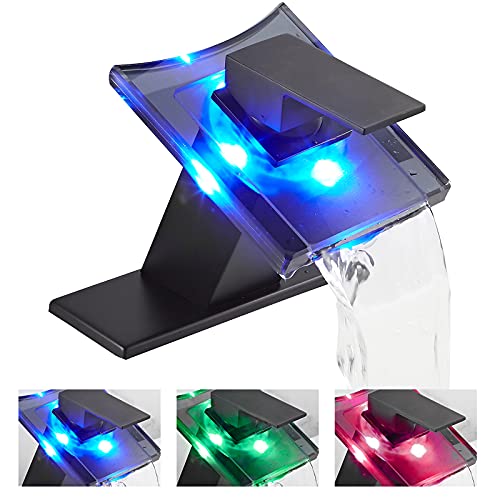 Black Bathroom Sink Faucet LED Light 3 Color Changing Waterfall Glass Spout | Hot and Cold Water Mixer Single Handle One Hole Deck Mounted Bathroom Faucet Lavatory Vanity Basin Mix Tap - color: Black, style: with LED Light