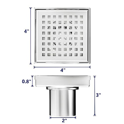 Neodrain 4 in Brushed Square Shower Drain with Quadrato Pattern Grate | 304 Stainless Steel Square Drain for bathroom, with Hair Strainer and Lifting Hook,Waterproof & Durable, CUPC Certified - color: Stainless, size: 4 IN