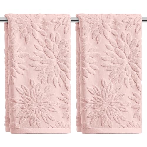 Artoid Mode 2 Pcs Pink 3D Dahlia Floral Jacquard Hand Towels for Bathroom, 100% Cotton Soft Absorbent Bathroom Decor Towels, 13.7 x 29.5 Inch - color: Pink, size: 13.7" x 29.5", 2PCS