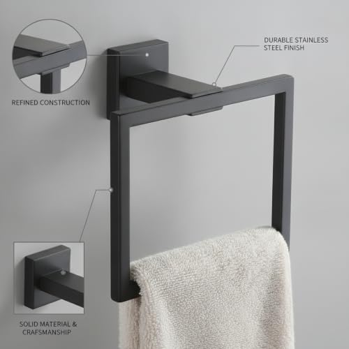 Homeowners Square Towel Ring, Stainless Steel Wall Mount Hand Towel Holder for Bathroom Vanity - color: Black