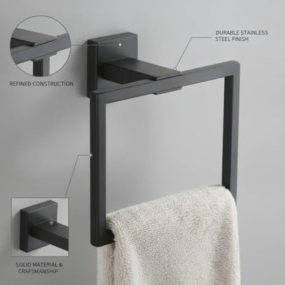 Homeowners Square Towel Ring, Stainless Steel Wall Mount Hand Towel Holder for Bathroom Vanity - color: Black