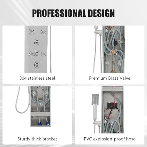 6-in-1 LED Shower Panel Tower System with 8 Adjustable Body Jets, Rainfall & Waterfall Shower, Smart Temperature Display, 59" Hose, Brushed Gold Stainless Steel, Wall Mounted (Silver) - color: Silver
