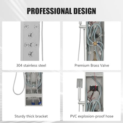 6-in-1 LED Shower Panel Tower System with 8 Adjustable Body Jets, Rainfall & Waterfall Shower, Smart Temperature Display, 59" Hose, Brushed Gold Stainless Steel, Wall Mounted (Silver) - color: Silver