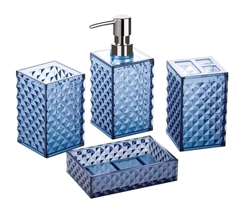 Blue Bathroom Accessories Set, 4 PCS Dark Navy Blue Bathroom Accessories Sets Complete, Diamond Pattern Bathroom Soap Dispenser and Toothbrush Holder Set, Boho Bathroom Décor and Accessories - color: Blue