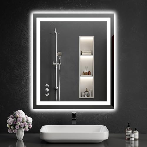 LED Bathroom Mirrors 30"x34" Bathroom Mirror with Lights for Wall, Backlit + Front Lit, 3 Colors, Anti-Fog, Dimmable Brightness for Vanity,Bathroom, Entryway, Living Room - size: 30"L x 34"W
