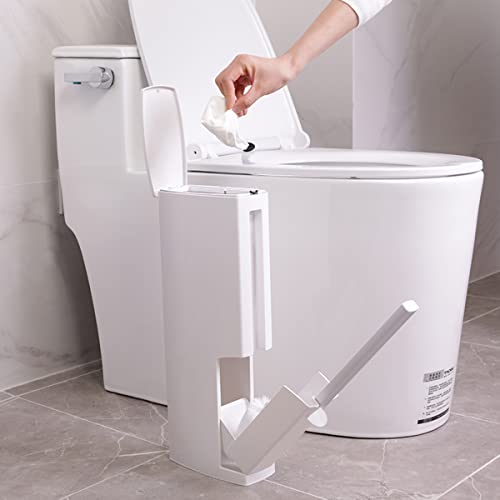 Slim Bathroom Trash Cans with Lid 4.4 Inches Wide/0.7 Gallons(3 Liters),Small Narrow Lidded Bathroom Trash Can with Toilet Brush for RV Camper,Tiny Garbage Can Rv Accessories for Inside(White) - color: White