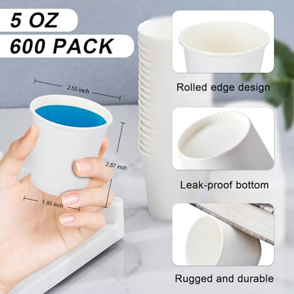 SIUQ 600 Pack 5 oz Paper Cups, Disposable Mini Bathroom Mouthwash Cups | Hot/Cold Drinking Cups, White Disposable Paper Cups for Bathroom, Home, Party, Office, Picnic, Travel - color: 600pack-5oz