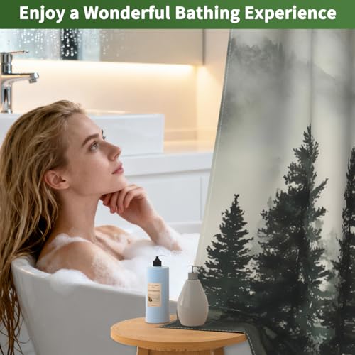 Misty Forest Shower Curtains for Bathroom, No Hook Shower Curtain with Snap in Liner and Sheer Top Window, 71x74 Inches Farmhouse Double Layer Waterproof Bathroom Shower Curtain Sets with Weighted Hem - color: Mountain Forest