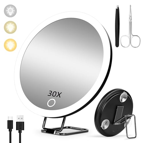 30x Magnifying Mirror With Light, Large 6" Rechargeable Lighted With Suction Cups & Table Stand, 3 Color Modes Dimmable Light up Travel Makeup High Magnification - color: 30x -Black
