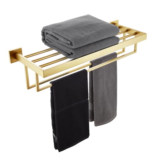KOKOSIRI Towel Shelf Holder 24'' Bathroom Towel Rack with Two Bath Towel Bars Rails SUS304 Stainless Steel Wall Mount, Brushed Gold, B6003BG - color: Brushed Gold, size: 24-Inch