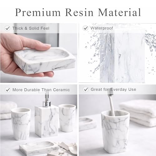 5 Piece Bathroom Accessories Set, Marble Resin Bathroom Vanity Set, Soap Dispenser, Toothbrush Holder, Soap Dish & 2 Tumblers, Bathroom Countertop Organizer Set (Ink White) - color: Ink White