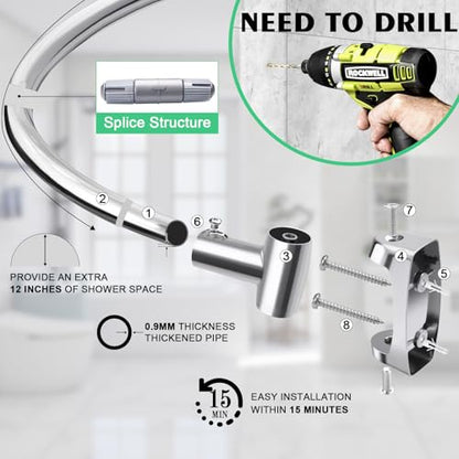 Curved Shower Curtain Rod 35-82In(2.9-6.8Ft), Brushed Nickel Rounded Rustproof Shower Rod for Bathroom Bathtub, Arched Shower Rod, Never Rust|Extra Space|Non-Slip|Expandable|Need to Drill - color: Brushed Nickel