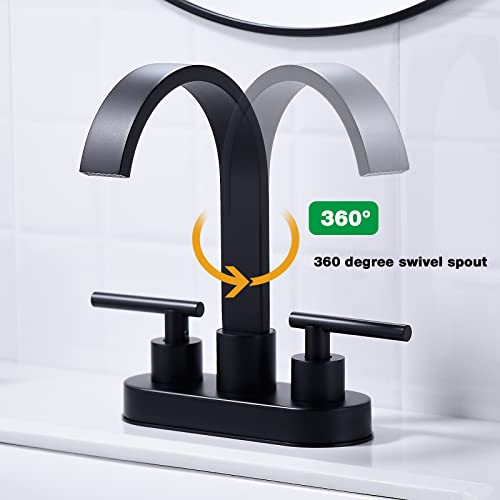 TRUSTMI 4" Centerset Bathroom Faucet 3 Hole, High Flow Waterfall Spout, Matte Black | Commercial Grade Stainless Steel | 360° Swivel, with Pop-Up Drain & cUPC Lines - color: Matte Black