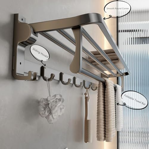 Mustorn Bathroom Towel Rack with Towel Bar and Hooks 23.6 in Foldable Towel Shelf Wall Mounted Lavatory Towel Organizer Modern Gray Finish - color: Matte Gray