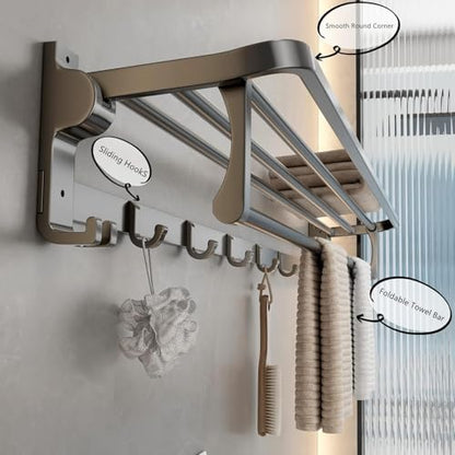 Mustorn Bathroom Towel Rack with Towel Bar and Hooks 23.6 in Foldable Towel Shelf Wall Mounted Lavatory Towel Organizer Modern Gray Finish - color: Matte Gray