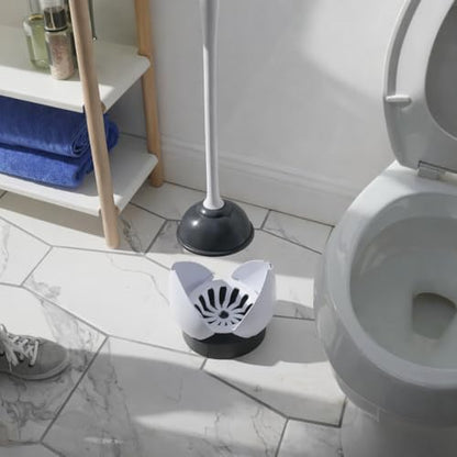 Hideaway Toilet Plunger with Caddy, White, 19.5 Inch Bathroom Plunger Set, Compact Storage Canister, Drip Tray Base, Easy Grip Handle