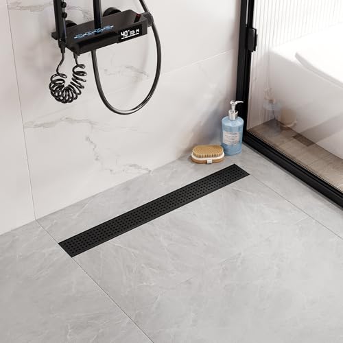 Neodrain 24In Offset Side Outlet Linear Shower Drain w/Grate Cover, Black | w/ Quadrato Pattern Grate Cover, 304 Stainless Steel Rectangle Shower Floor Drain, with Leveling Foot, Hair Strainer Catche - color: Matte Black- Pattern Grate Cover, size: 24 IN