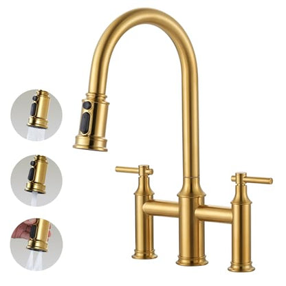 Bridge Kitchen Faucet Brushed Gold: 3 Holes Brass Bridge Faucet with Pull Down Sprayer - Two Handles 8 Inch Centerset Kitchen Sink Faucet, 360° Swivel Spout - color: Brushed Gold