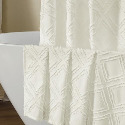 Extra Long 96 Inch Cream Shower Curtains, Boho Fabric Shower Curtain Grommet Top With 12 Hooks, Elegant Modern Jacquard Geometric Design Textured Shower Curtain for Bathroom, Cream, 72"W x 96"L - color: Cream, size: 72"W x 96"L (Pack of 1)